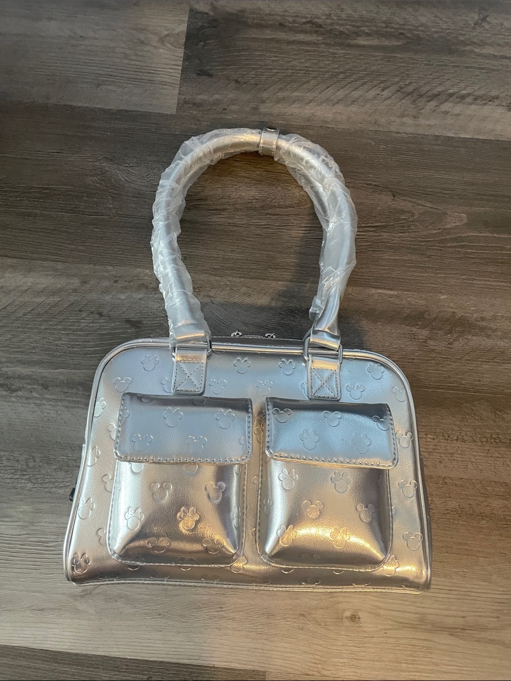 Silver Metallic Tote Handbag with Front Pockets